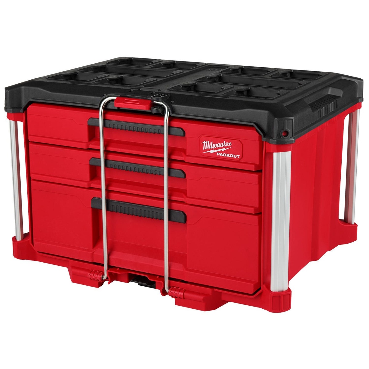 Milwaukee PACKOUT Tool Box Stack with PACKOUT Dolly Cart 3-drawer tool box on a clean background for storing heavier jobsite hand tools, fittings, and daily service equipment