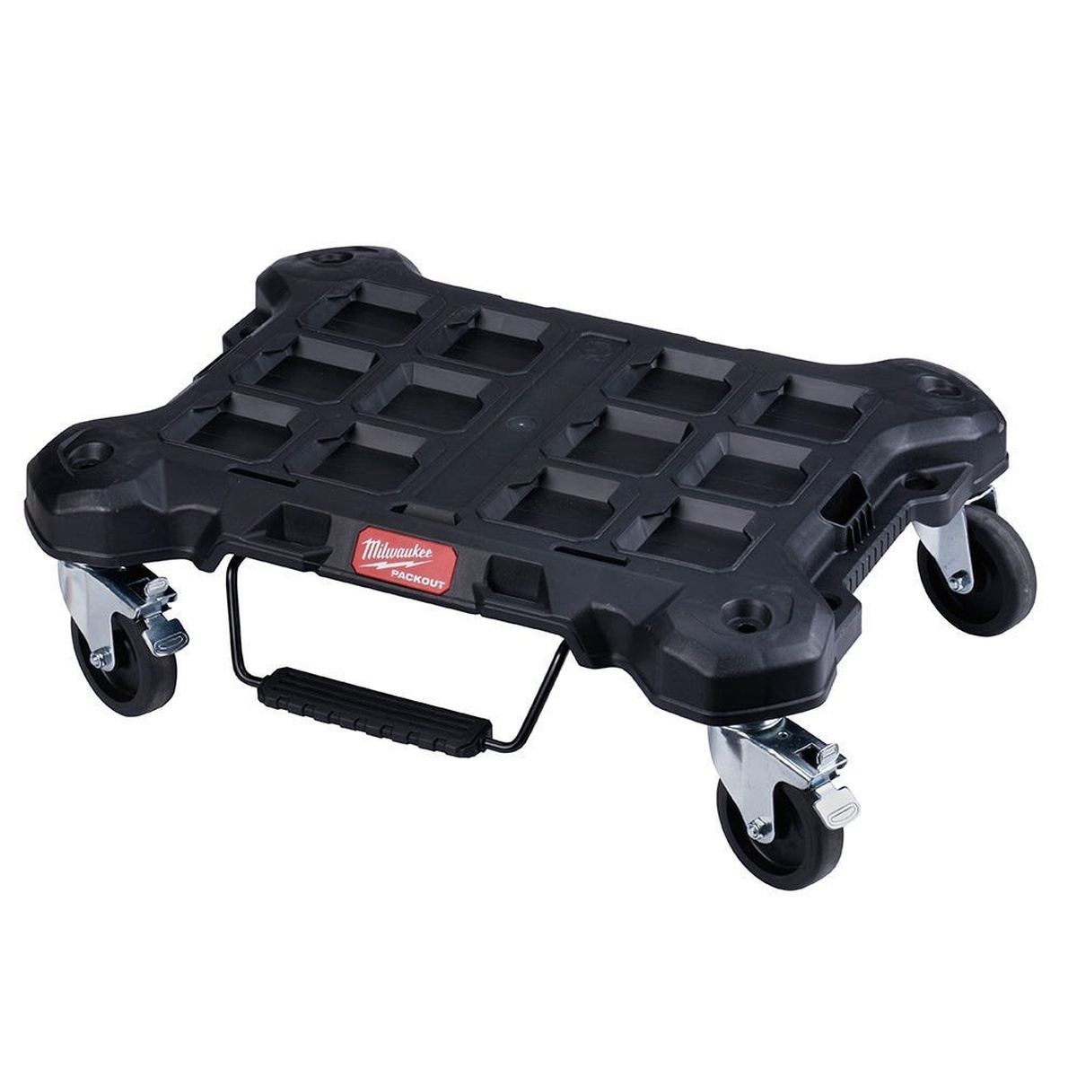 Milwaukee PACKOUT Tool Box Stack with PACKOUT Dolly Cart dolly base with casters on a clean background for moving modular tool storage around a shop, trailer, or jobsite