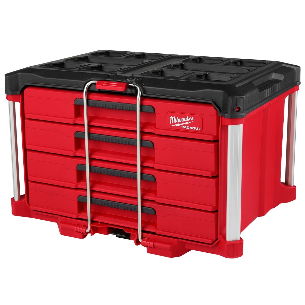 Milwaukee PACKOUT Tool Box Stack with PACKOUT Dolly Cart 4-drawer tool box shown closed on a clean background for organized hand tool and accessory storage in a shop or jobsite setup