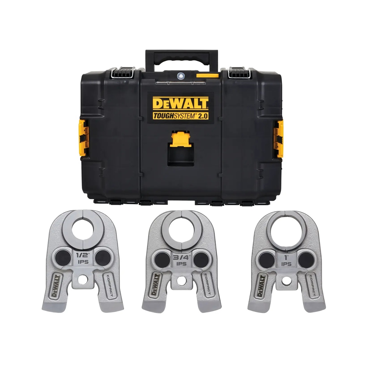 DEWALT DCE212K Compact IPS Press Jaws Kit with TOUGHSYSTEM 2.0 case and 1/2 inch, 3/4 inch, and 1 inch press jaws laid out for organized transport between plumbing and mechanical service jobs