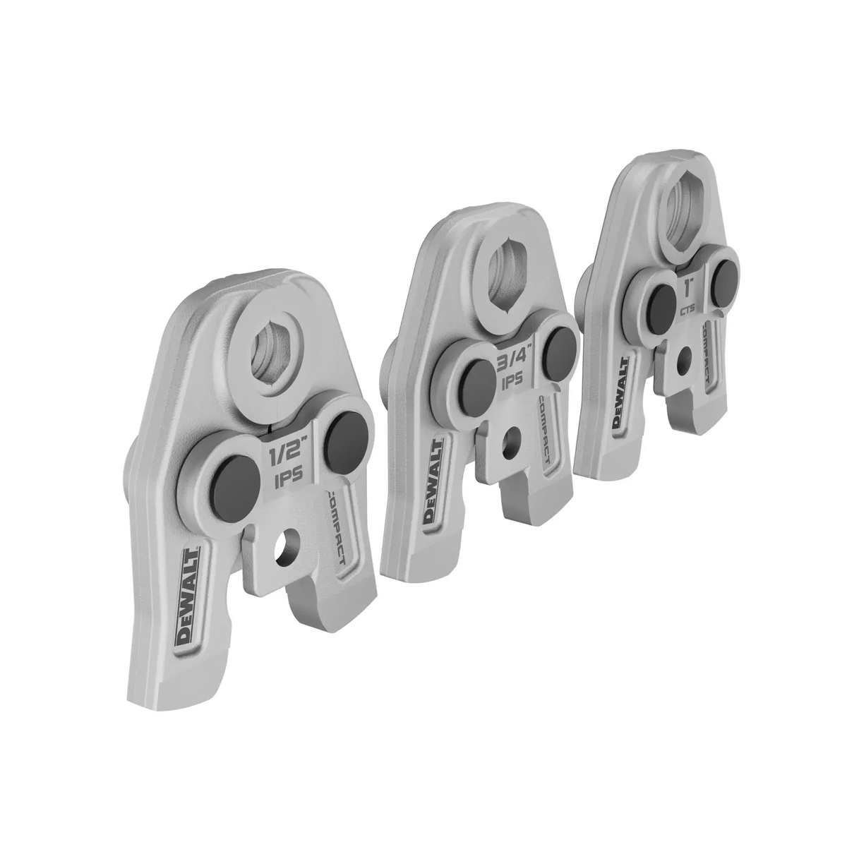 DEWALT DCE212K Compact IPS Press Jaws Kit showing three compact jaw heads for carbon steel pipe pressing on a clean background, highlighting size coverage for service and install work