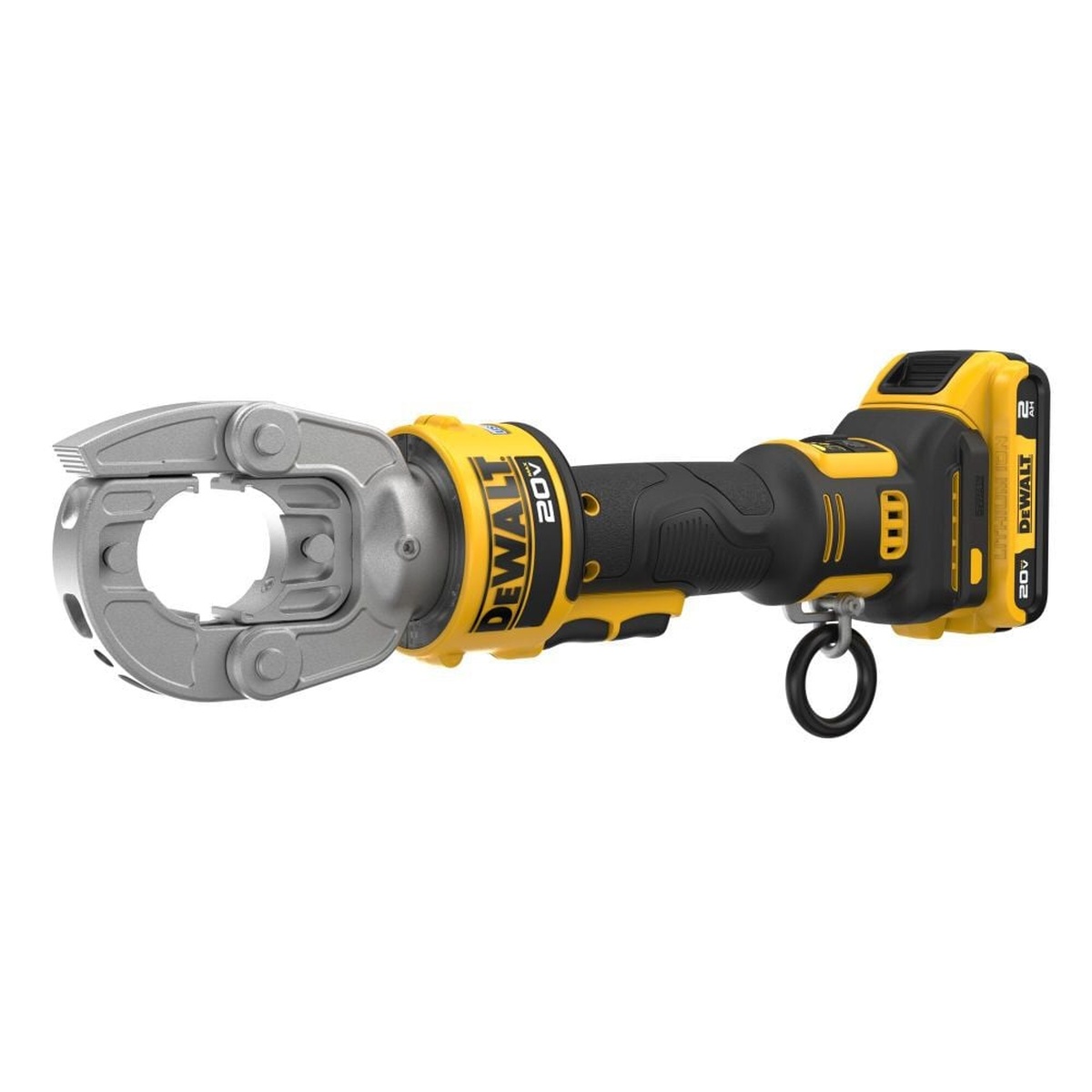 DeWalt DCE310D2 20V MAX Compact Died Crimping Tool Kit shown in side profile with inline body and rotating crimping head for electrical cable work in confined panels and service spaces