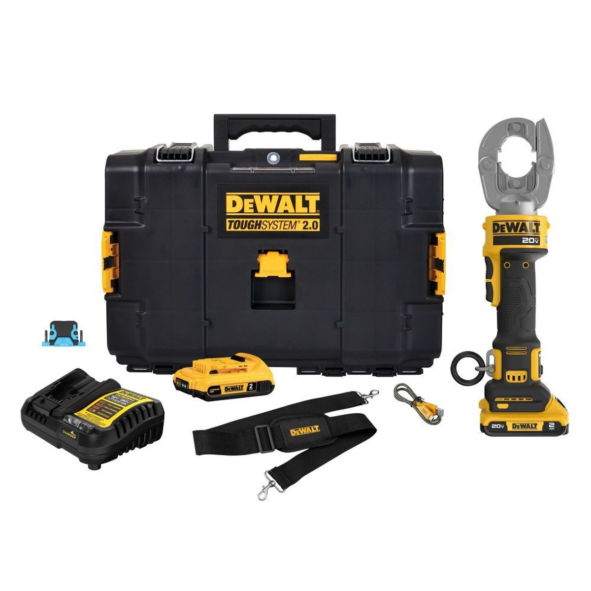 DeWalt DCE310D2 20V MAX Compact Died Crimping Tool Kit with ToughSystem 2.0 case, charger, 2.0Ah battery, shoulder strap, Tool Connect chip, and USB-C cable laid out for transport and storage