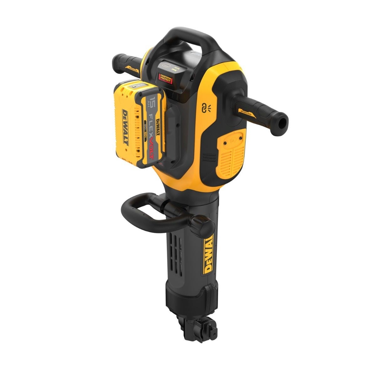 DeWalt DCH966Z2K 60V MAX 41 lb. 1-1/8 in. HEX Breaker Hammer 15Ah Kit shown from the side with battery installed for cordless concrete demolition work on a jobsite