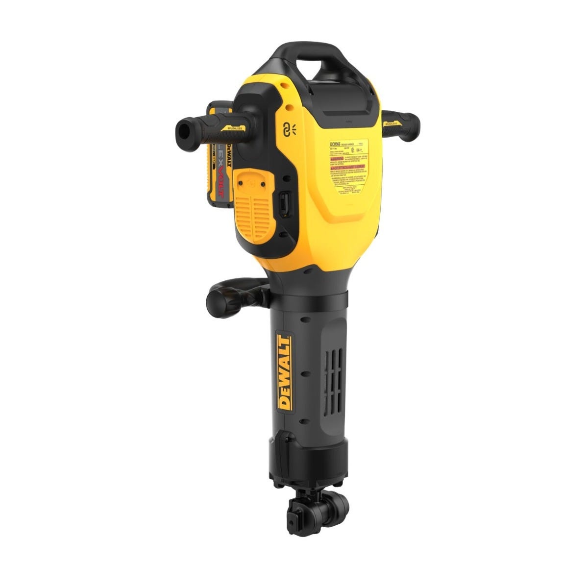 DeWalt DCH966Z2K breaker hammer rear angle showing handle layout and battery placement for controlled chiseling and demolition in concrete applications