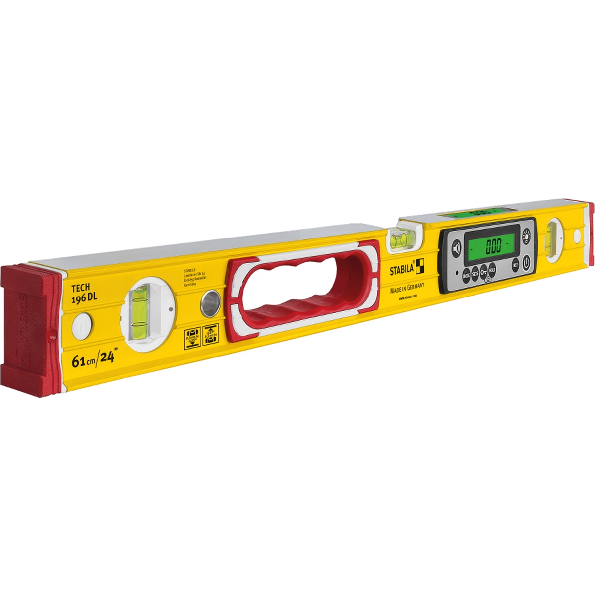 Stabila TECH 196 DL electronic digital level full product view showing box beam frame, large center handle, vials, and protective end caps