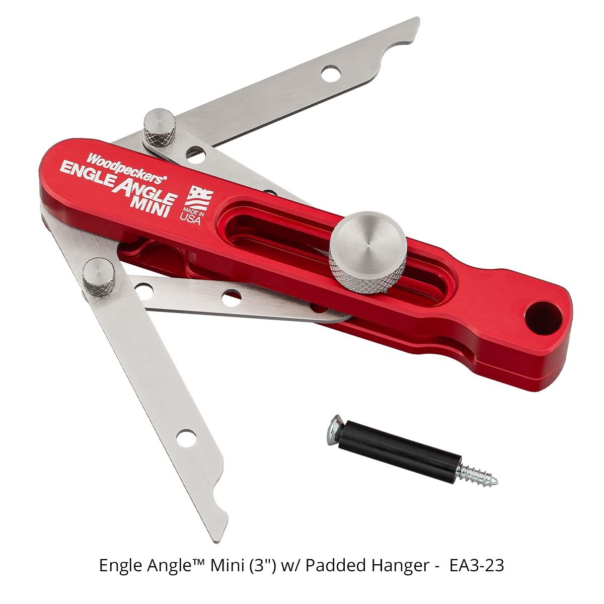Woodpeckers EA3-23 Engle Angle, 3 in. angle divider tool shown folded for trim carpentry miter saw setup and corner angle bisection