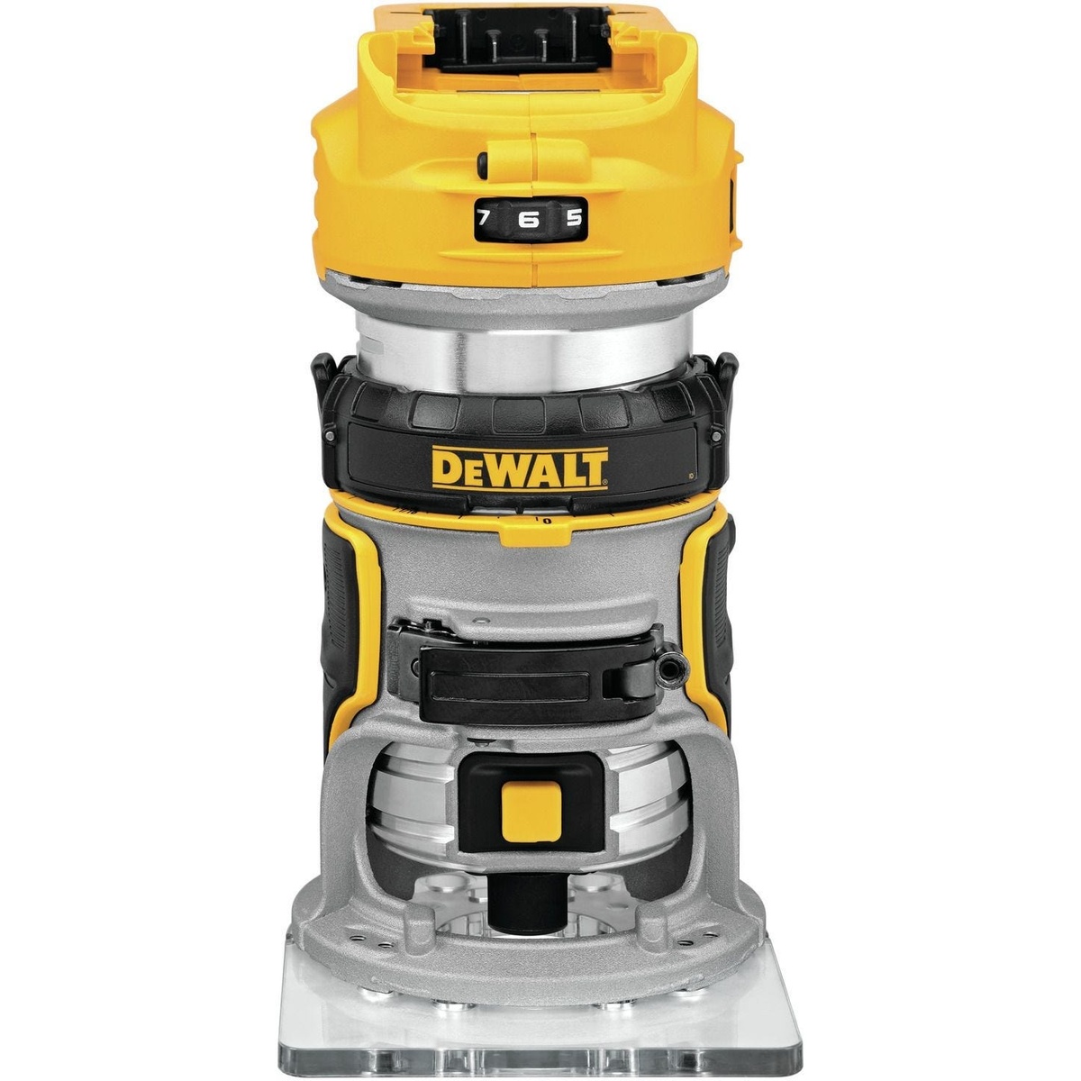 DeWALT 20V MAX Compact Router w/ 20V MAX 6.0Ah & 4.0Ah Battery & Charger Starter Kit router body shown up close for cordless edge routing and trim work on woodworking jobs