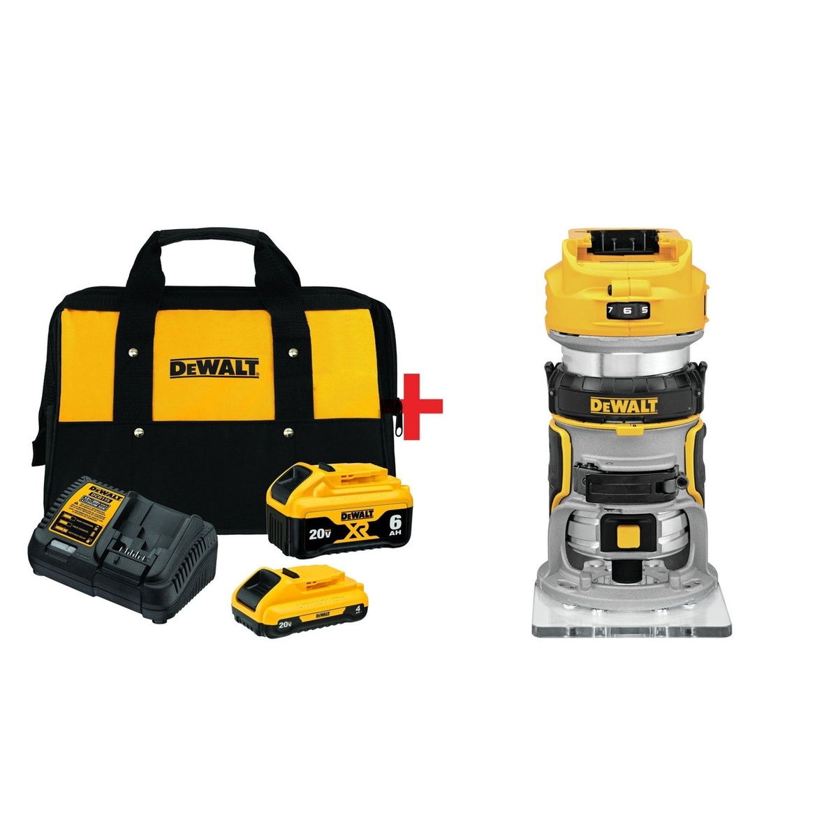DeWALT 20V MAX Compact Router w/ 20V MAX 6.0Ah & 4.0Ah Battery & Charger Starter Kit showing router with batteries, charger, and bag for cordless woodworking and edge trimming tasks