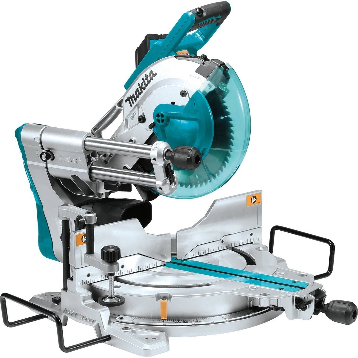 Makita 10-Inch Dual-Bevel Sliding Compound Miter Saw with Laser close-up showing the rail system, tall fences, and blade area for precise woodworking and trim cuts