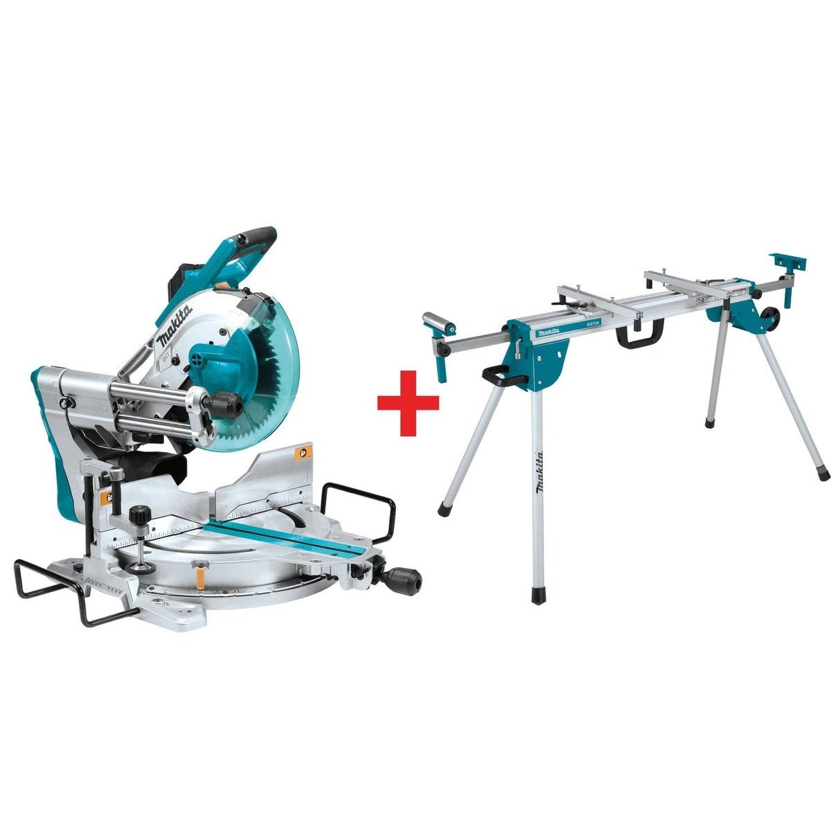 Makita 10-Inch Dual-Bevel Sliding Compound Miter Saw with Laser and Compact Folding Stand shown as a jobsite-ready saw and stand package for trim cutting and long material support