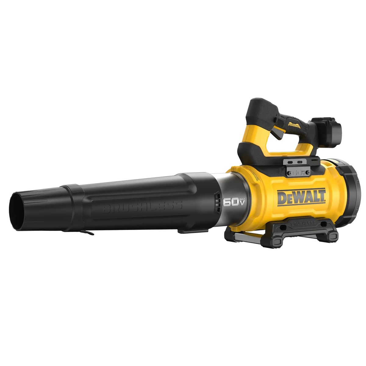 DEWALT DCBL777B 60V MAX High Power Brushless Blower shown with blower tube installed for outdoor debris cleanup on sidewalks, driveways, and landscaped edges