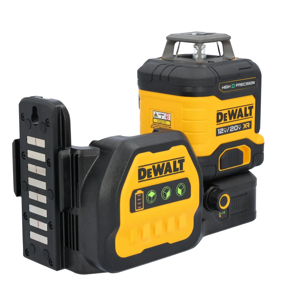 DEWALT DCLE34033D1 20V MAX XR 3 x 360 High Precision Green Laser showing magnetic mounting base and tripod thread options for layout setup