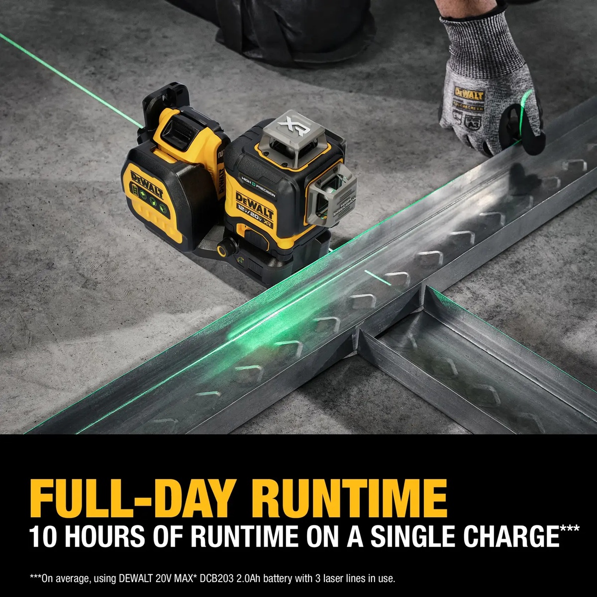 DEWALT DCLE34033D1 20V MAX XR 3 x 360 High Precision Green Laser projecting green layout lines across metal framing on a jobsite floor during interior construction