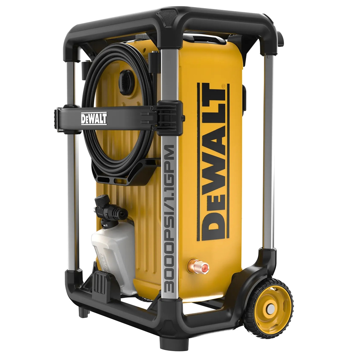 DEWALT 3000 MAX PSI 1.1 GPM Brushless Electric Jobsite Pressure Washer stored upright with hose and foam cannon attached for transport