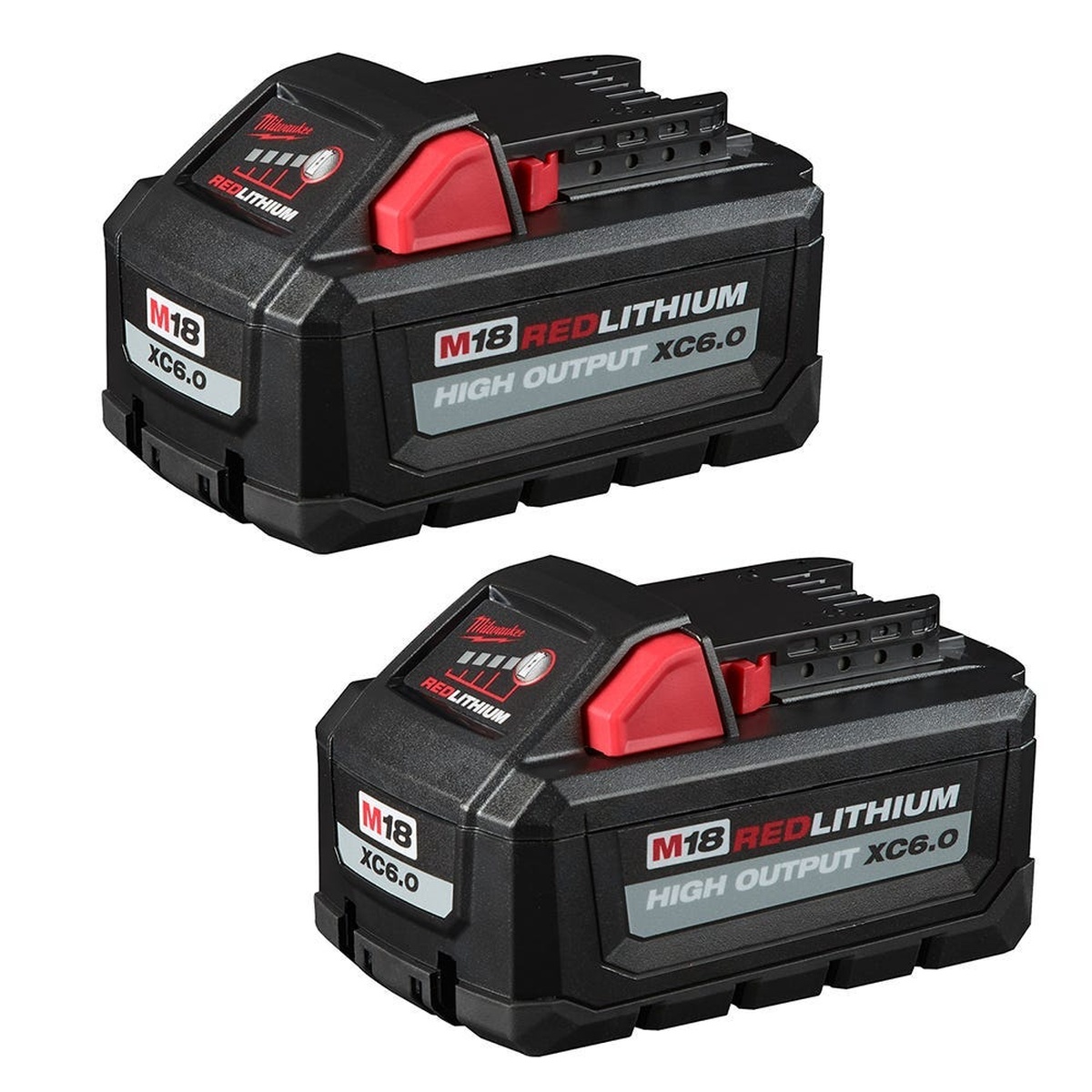 Milwaukee M18 REDLITHIUM HIGH OUTPUT XC 6.0Ah Battery packs shown in close-up on a clean background highlighting the XC 6.0 form factor and onboard fuel gauge
