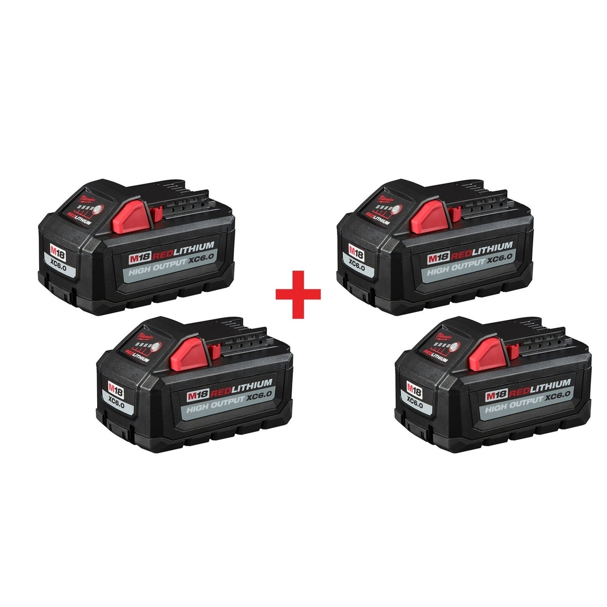 Milwaukee M18 REDLITHIUM HIGH OUTPUT XC 6.0Ah Battery, 4-Pack shown as four M18 battery packs on a clean studio background for cordless jobsite tool power