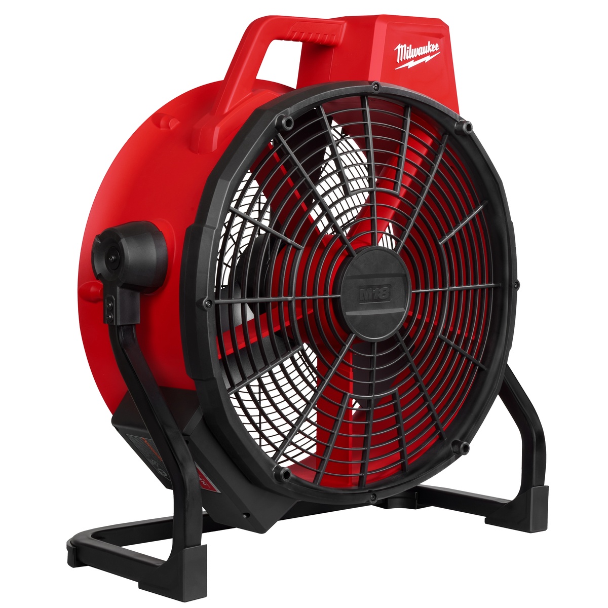 Milwaukee M18 Brushless 18 inch Fan product view showing the rotating head and reinforced base for jobsite cooling and drying