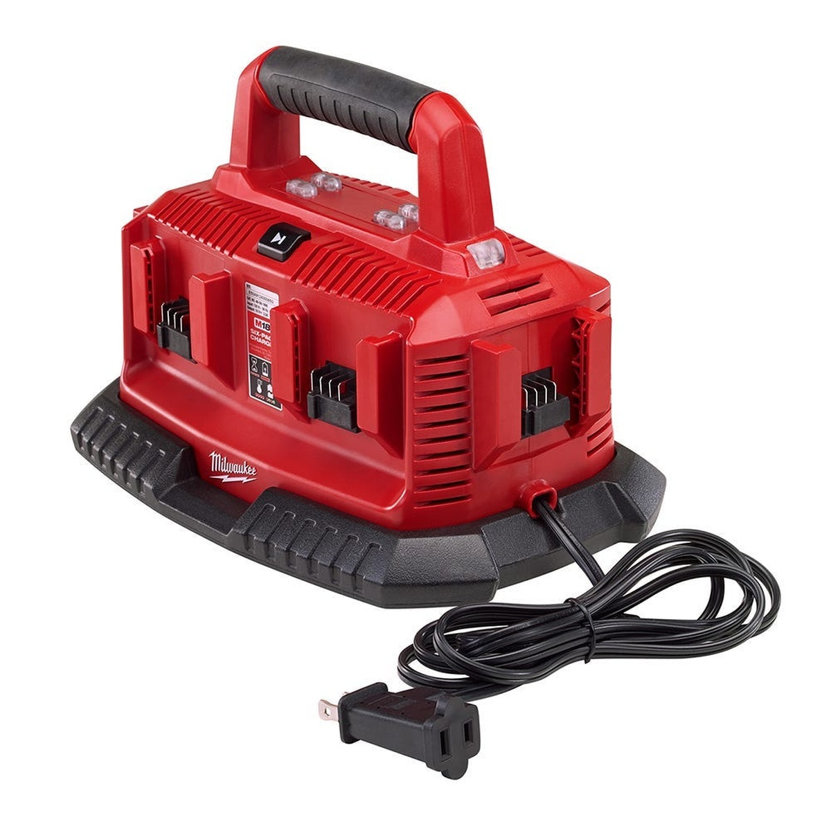 Milwaukee M18 six bay charger with carrying handle and pass-through plug set up for workshop, trailer, or jobsite battery charging