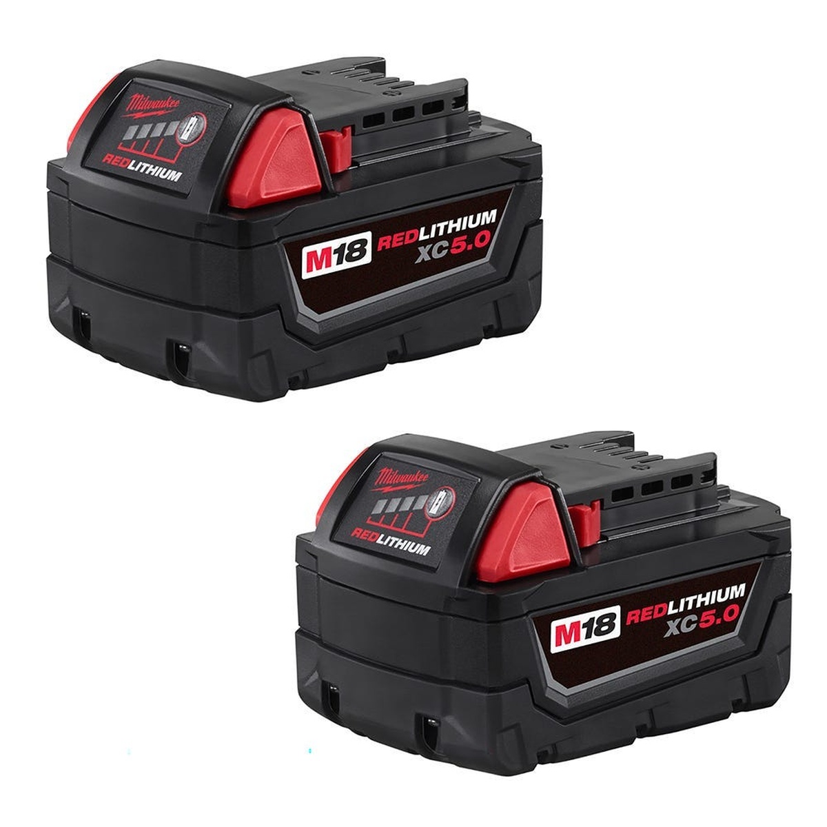 Milwaukee M18 REDLITHIUM XC 5.0Ah batteries with onboard fuel gauge for checking remaining runtime before drilling, fastening, or cutting on the job