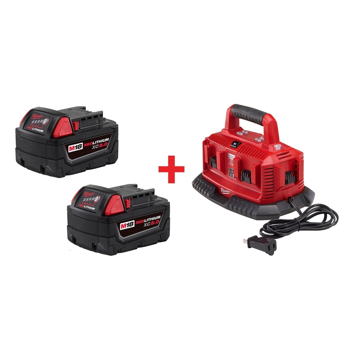 Milwaukee M18 6 Bay Charger and XC 5.0Ah 2-Pack Battery shown as a complete charging and power setup for organizing batteries on a workbench or jobsite charging station
