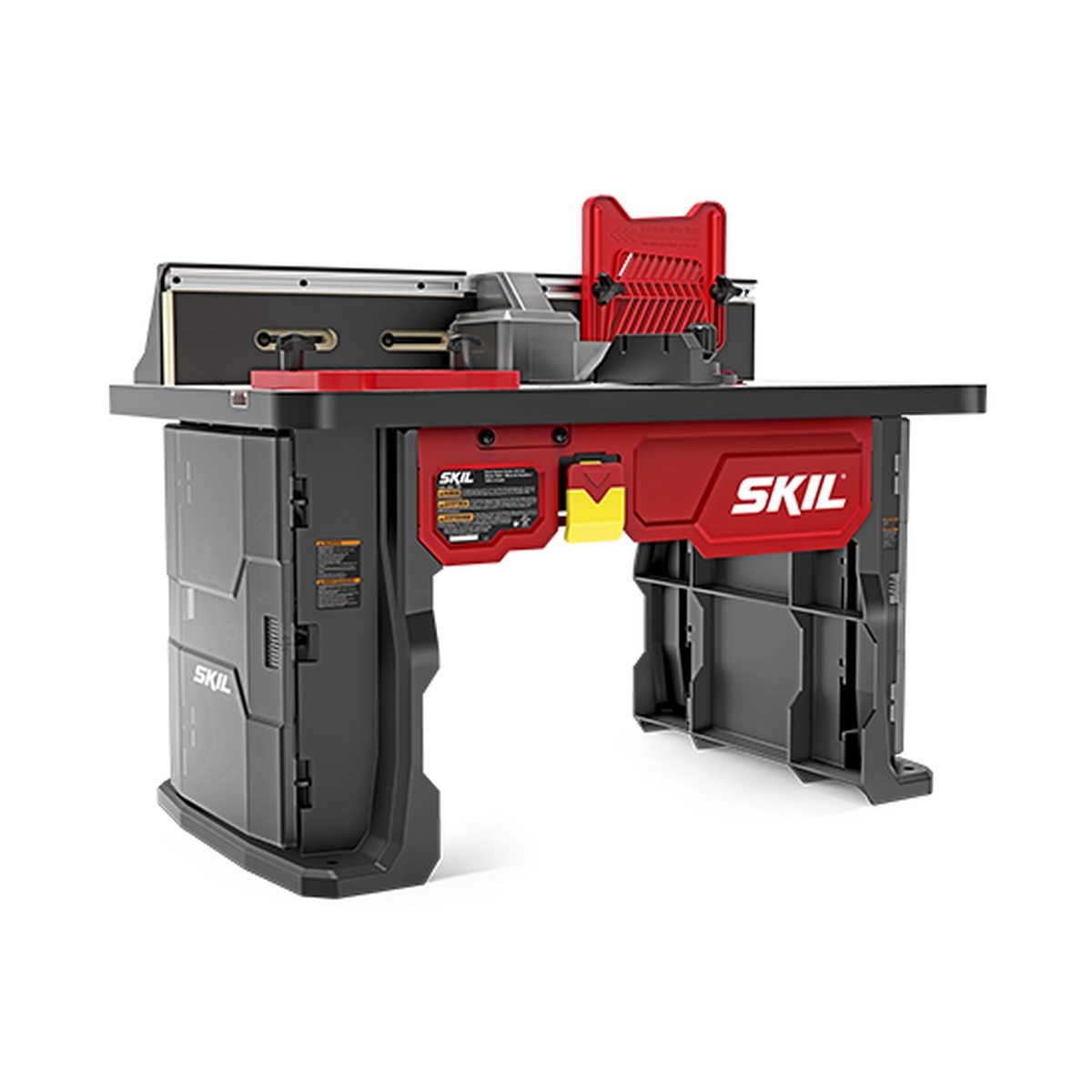 SKIL router table with fence, miter gauge slot, and above-table adjustment access, shown as a benchtop woodworking setup for accurate routing