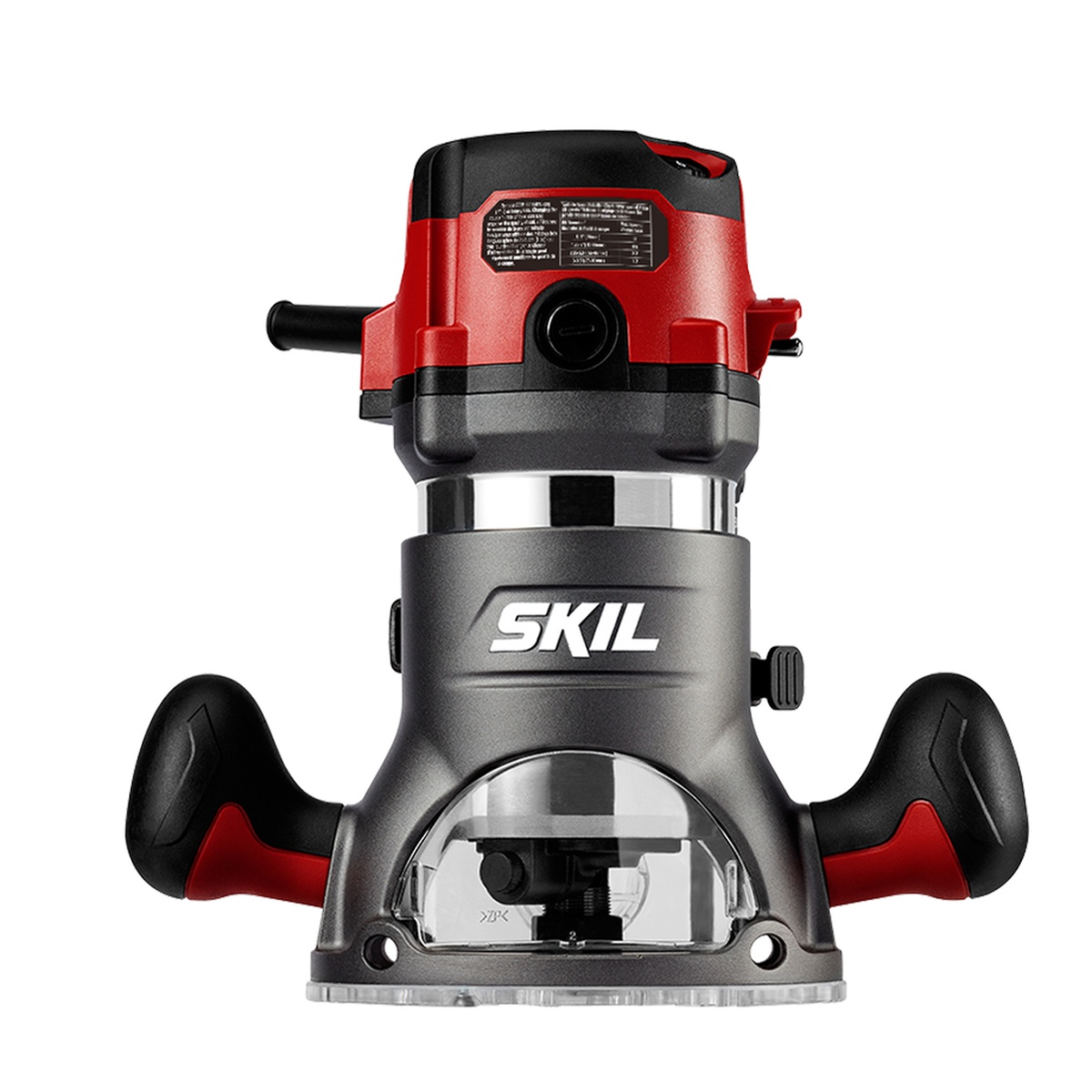 SKIL fixed base router from the RT1323-01 kit shown close up with dual handles and clear base, designed for woodworking tasks using 1/4 inch and 1/2 inch shank router bits