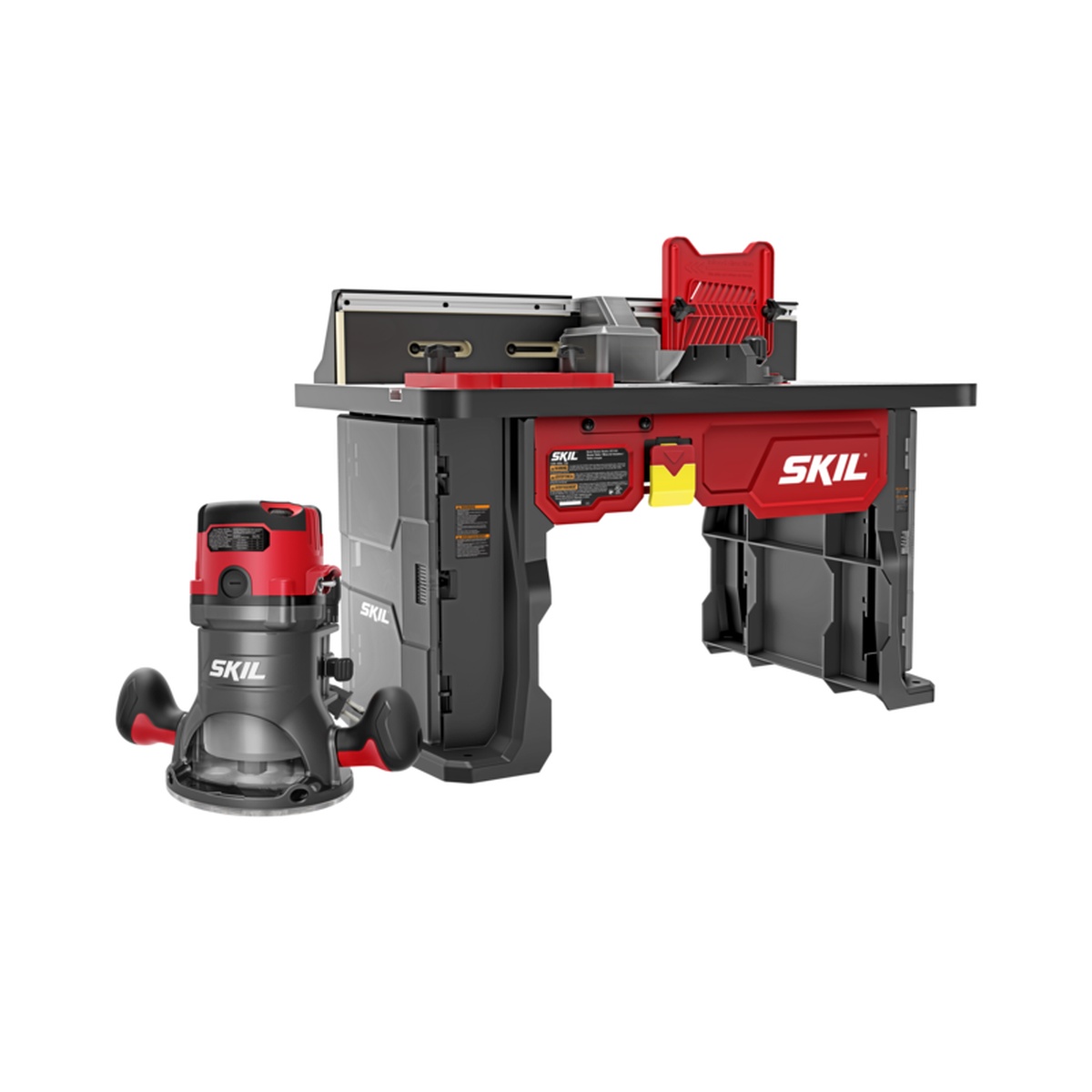 SKIL RT1323-01 Router Table and Fixed Base Router Kit shown with the standalone fixed base router and matching router table for handheld routing and benchtop woodworking applications