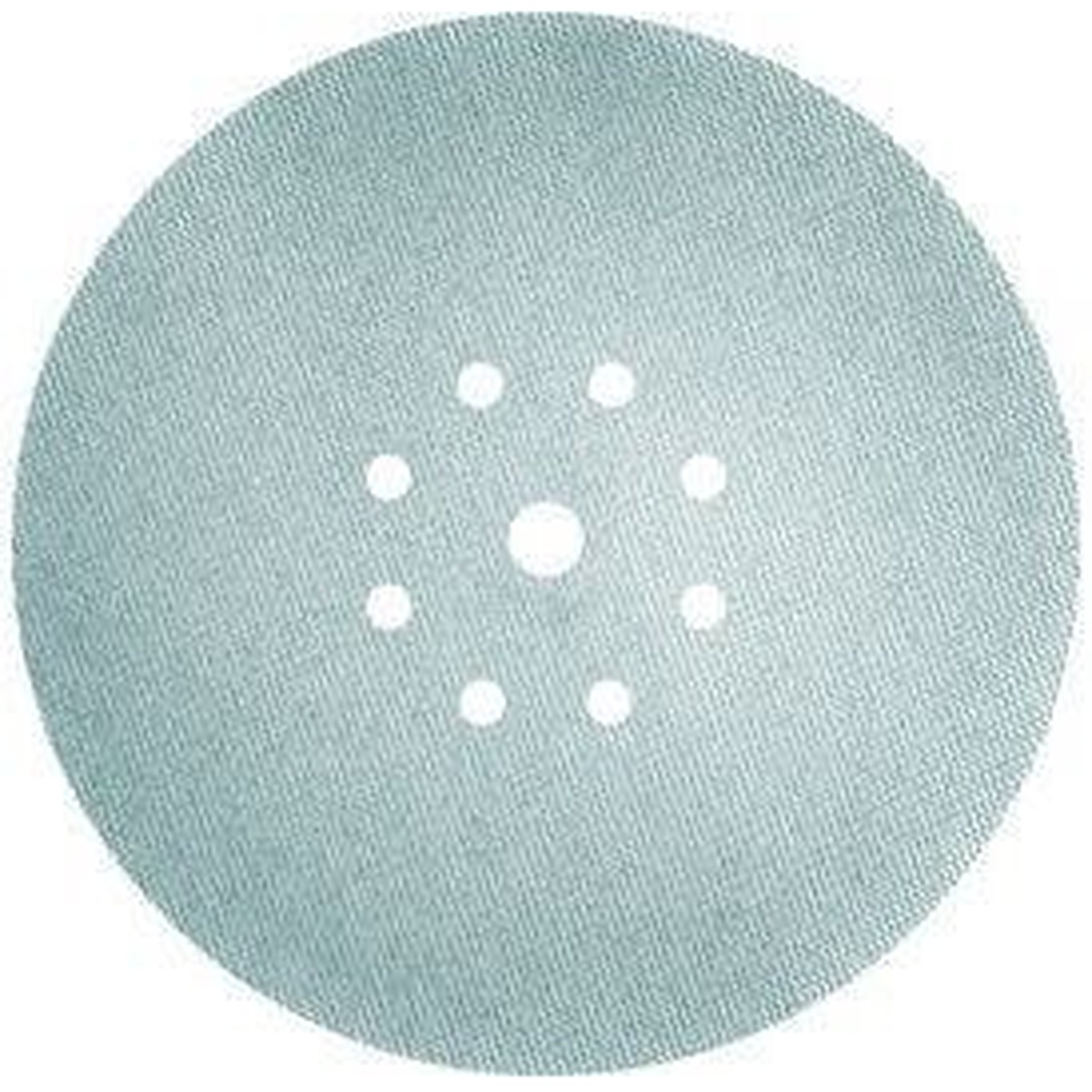 Festool 75-Piece Planex Granat NET 120/180/240 Grit Abrasive Starter Pack disc shown close up for drywall sanding with full-surface dust extraction on a Planex sander