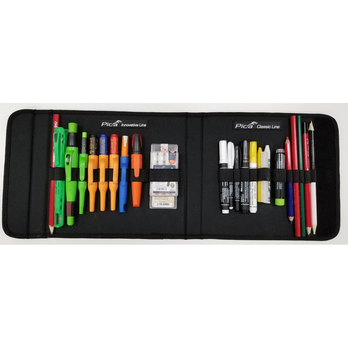 Pica 55001 22-Piece Sample Folder Set opened to show markers, pens, crayons, and refills arranged in an organizer folder for jobsite layout and marking work