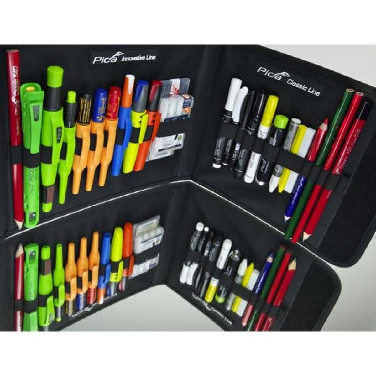 Pica 55001 22-Piece Sample Folder Set fold-out organizer case displaying multiple marking tools for contractor layout, punch work, and shop use