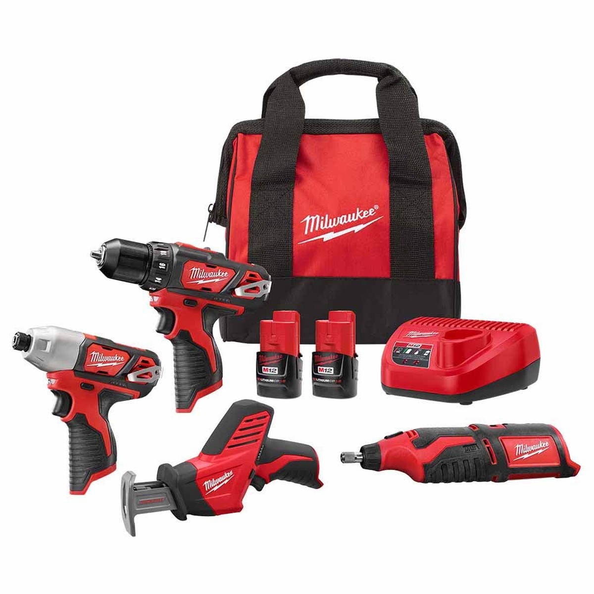 Milwaukee 2497-24H M12 4-Tool Combo Kit shown with drill driver, impact driver, HACKZALL, rotary tool, charger, batteries, and contractor bag on a clean studio background for cordless drilling, fastening, cutting, and detail work