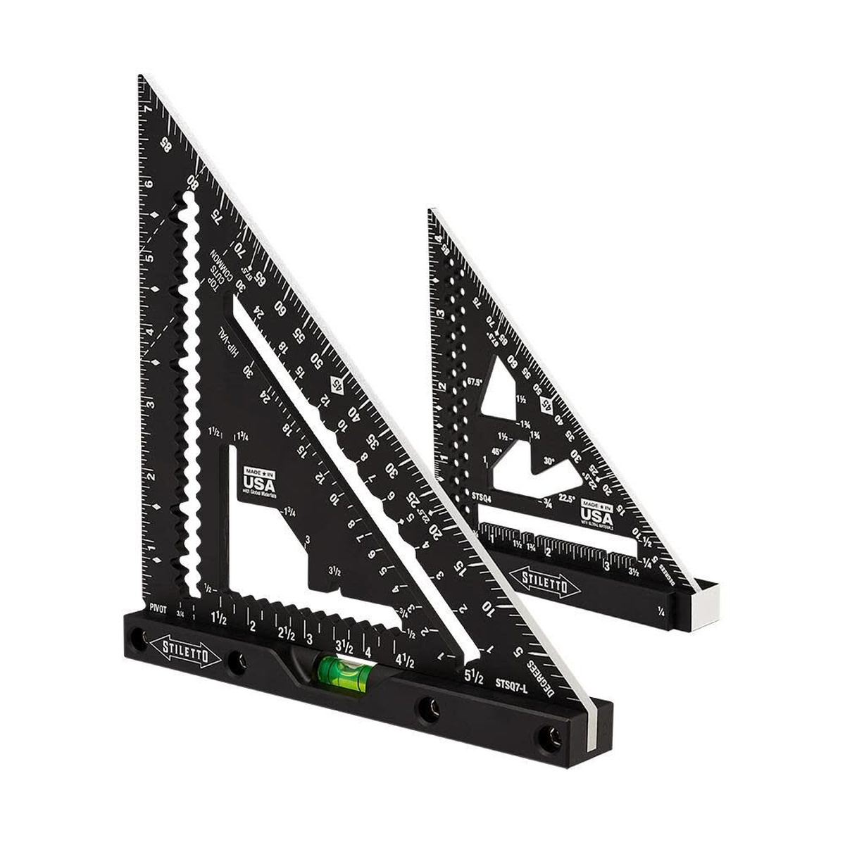 Stiletto STSQ7-LP Frame to Finish Square Kit showing the 7 inch carpenter square with level and 4-1/2 inch trim square on a clean background for framing and finish carpentry layout work