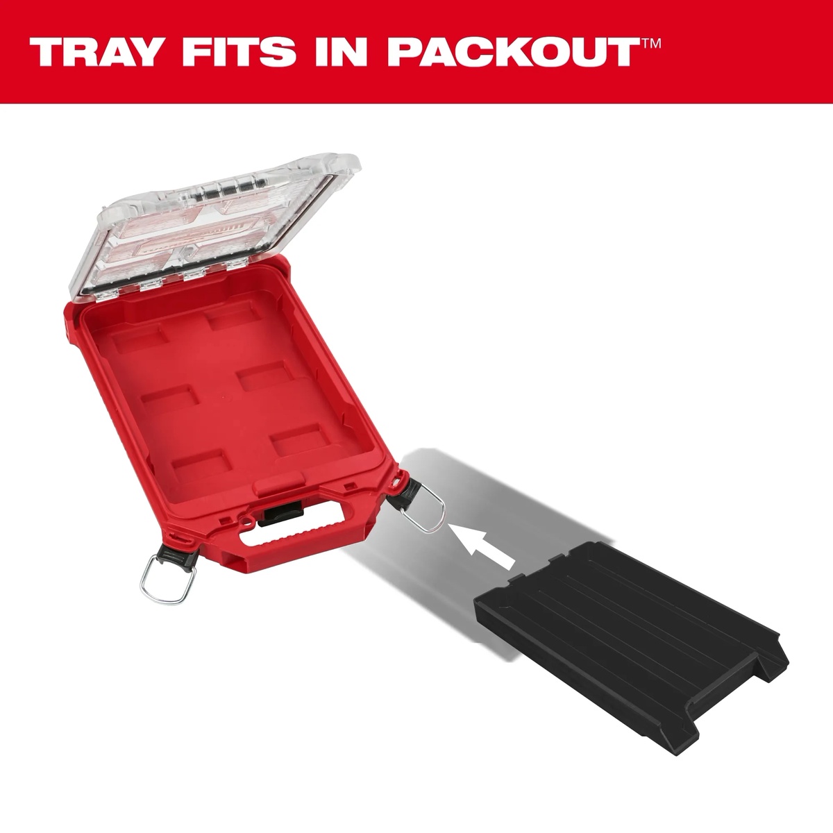 Milwaukee SAWZALL blade tray sliding into the PACKOUT low-profile organizer, showing how the reciprocating saw blade holder fits inside the case for transport and storage