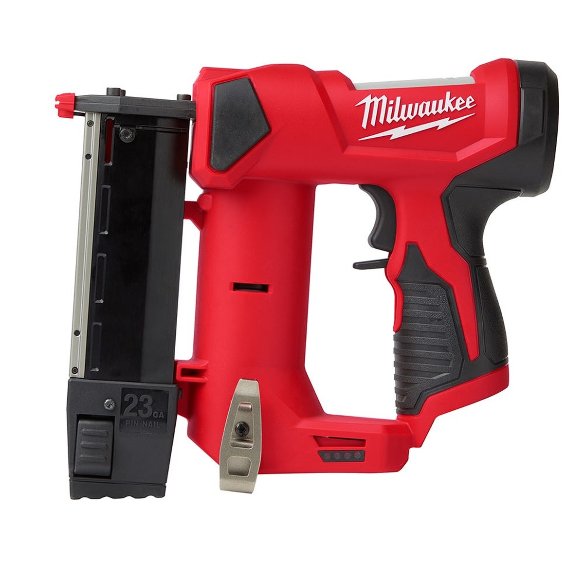 Milwaukee M12 Cordless 23-Gauge Pin Nailer bare tool side profile showing compact body for cabinet installation and interior trim fastening