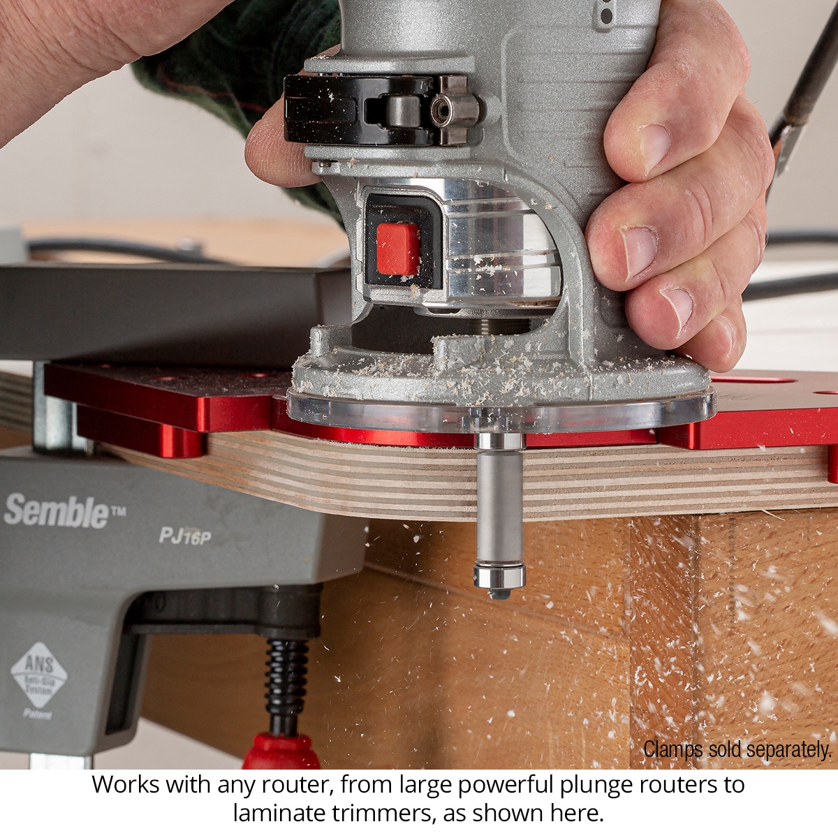 Woodpeckers Corner Jig Deluxe Set used with a compact router on a plywood corner during woodworking edge profiling