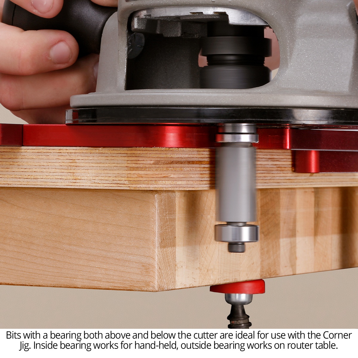 Woodpeckers Corner Jig Deluxe Set used with a router and bearing-guided bit on a wood corner in a woodworking shop