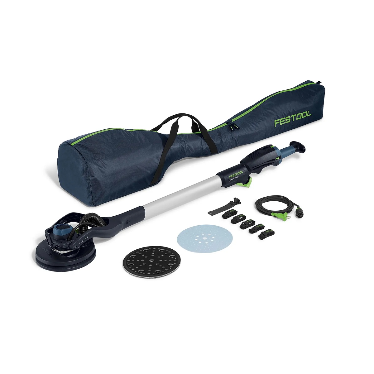 Festool 577359 PLANEX LHS 2-M 225 EQ Long-Reach Sander with transport bag, sanding pads, hose clips, and power cord on a clean background