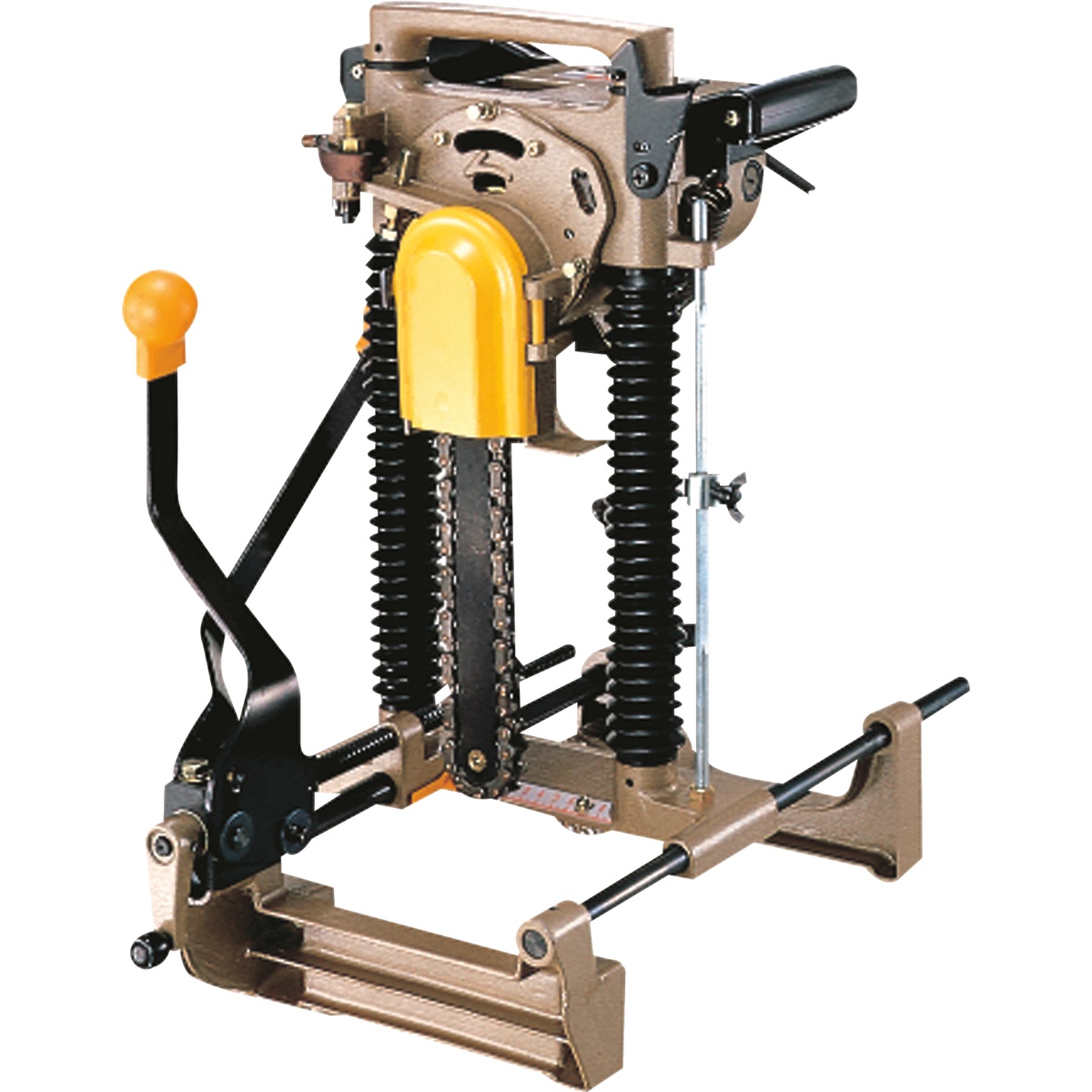 Makita 7104L Chain Mortiser clean product image showing chain cutting assembly, plunge mechanism, and clamp frame for heavy wood joinery work