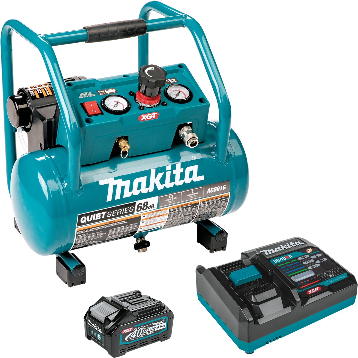Makita 40V max XGT Brushless Cordless 2 Gallon Quiet Series Compressor Kit (4.0Ah) with included 4.0Ah battery and rapid charger for cordless jobsite air setup
