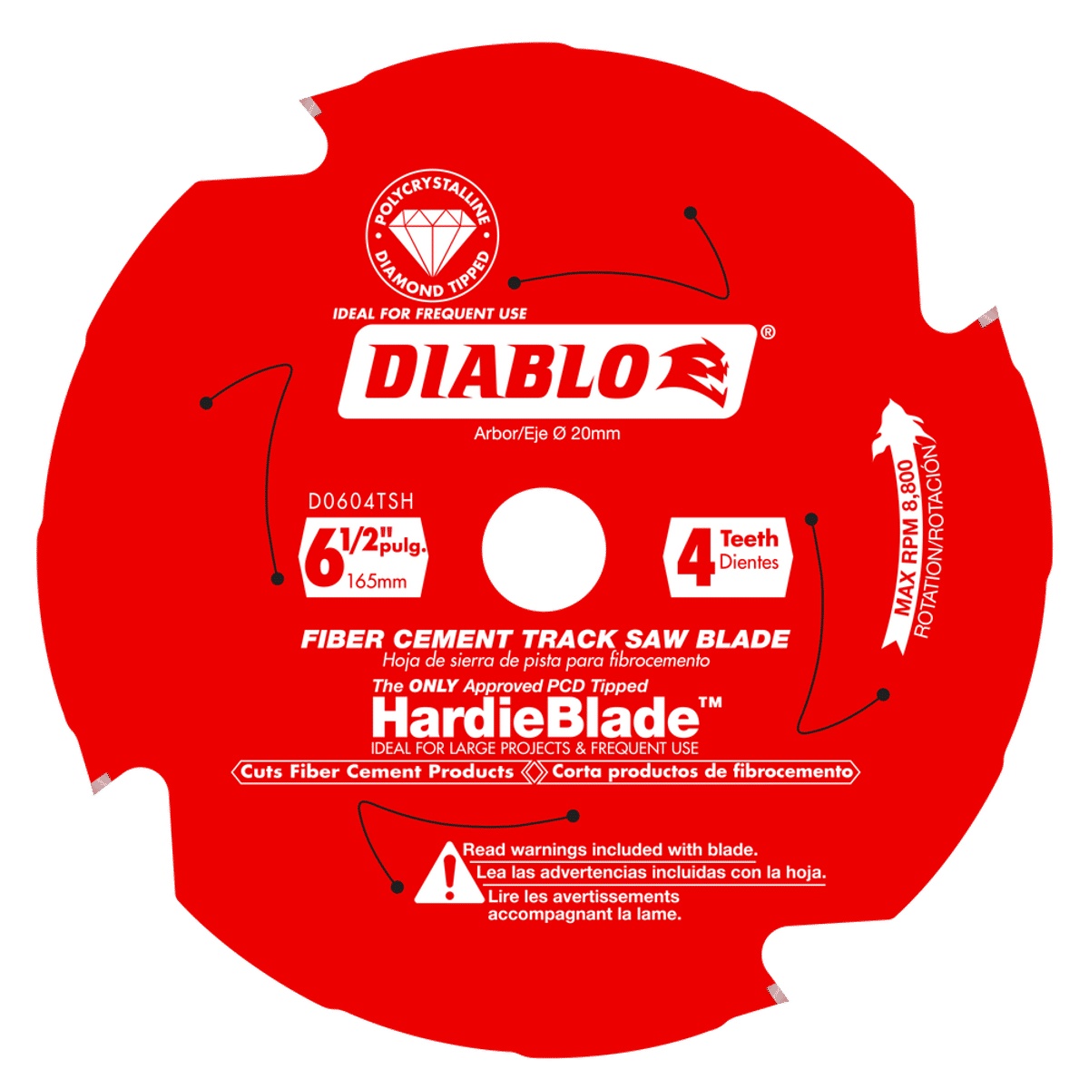 Diablo D0604TSH HardieBlade Fiber Cement Track Saw Blade close-up showing 6-1/2 inch diameter, 20 mm arbor, 4 teeth, and 8000 RPM rating