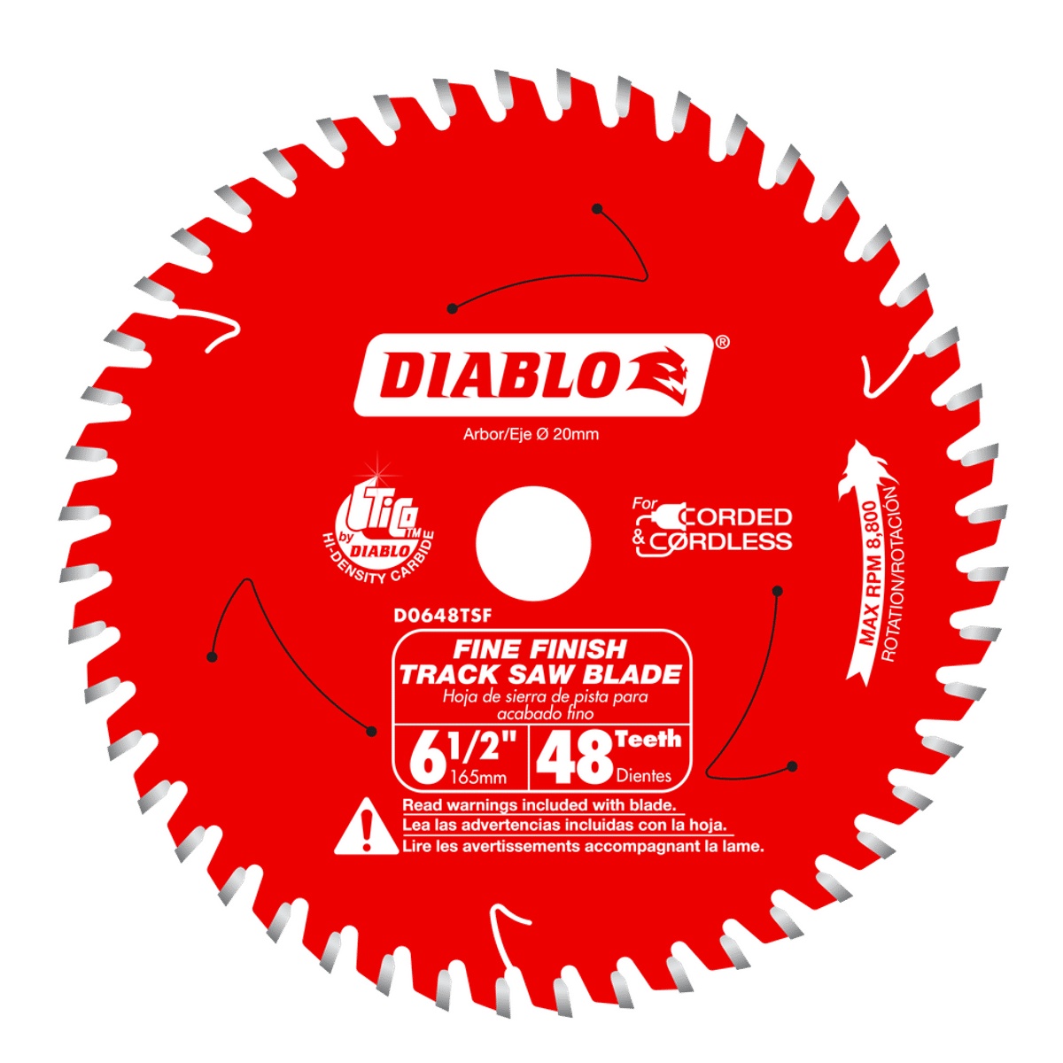 Diablo D0648TSF Fine Finish Track Saw Blade product view showing 6-1/2 inch diameter, 20 mm arbor, and 48-tooth blade layout