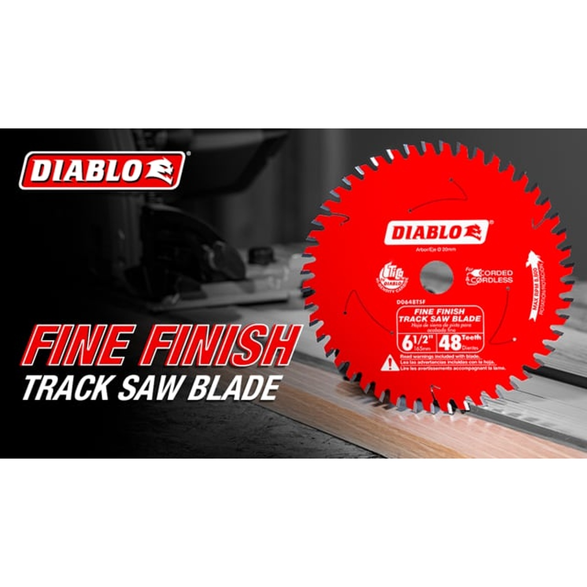 Diablo D0648TSF Fine Finish Track Saw Blade shown in a track saw cutting setup for clean finish cuts on a jobsite-style work surface