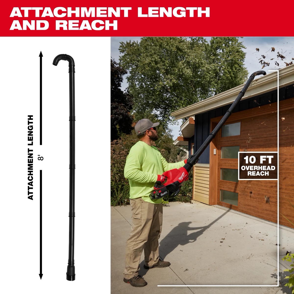 Milwaukee 49-16-2790 Blower Gutter Attachment in use cleaning first-story house gutters from the ground with a compatible Milwaukee blower outdoors