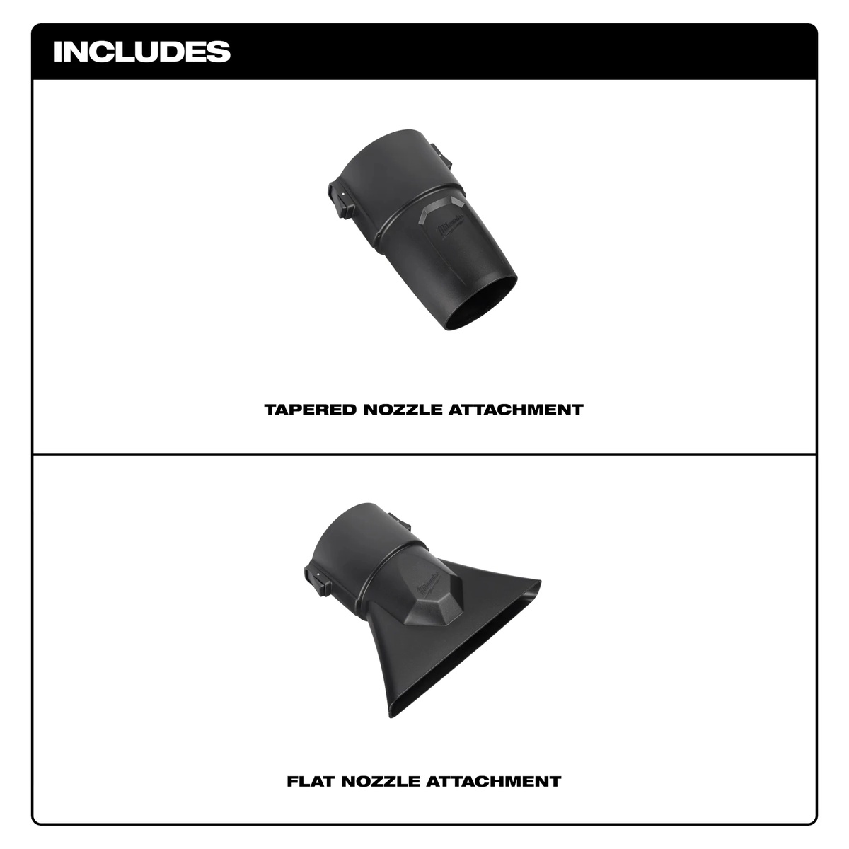 Milwaukee 49-16-2797 Blower Tapered and Flat Nozzle Attachment Kit contents showing the tapered nozzle attachment and flat nozzle attachment included in the package