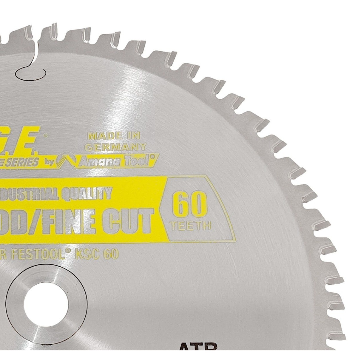 Amana Tools MD216-600 Wood 60-Tooth Fine Cut Circular Saw Blade close-up showing the 60-tooth edge and blade face for fine wood cutting on a Festool KSC 60 saw