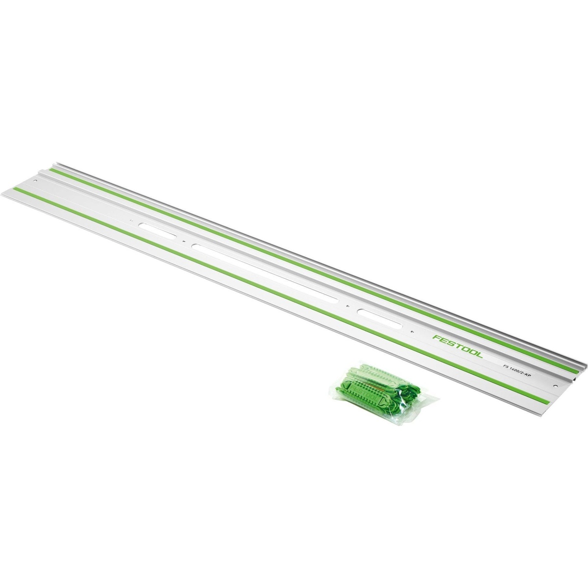 Festool FS 1900/2-KP 75 in. Guide Rail with Bag rail close-up showing splinter guard and guide surface for straight cutting and routing on sheet goods