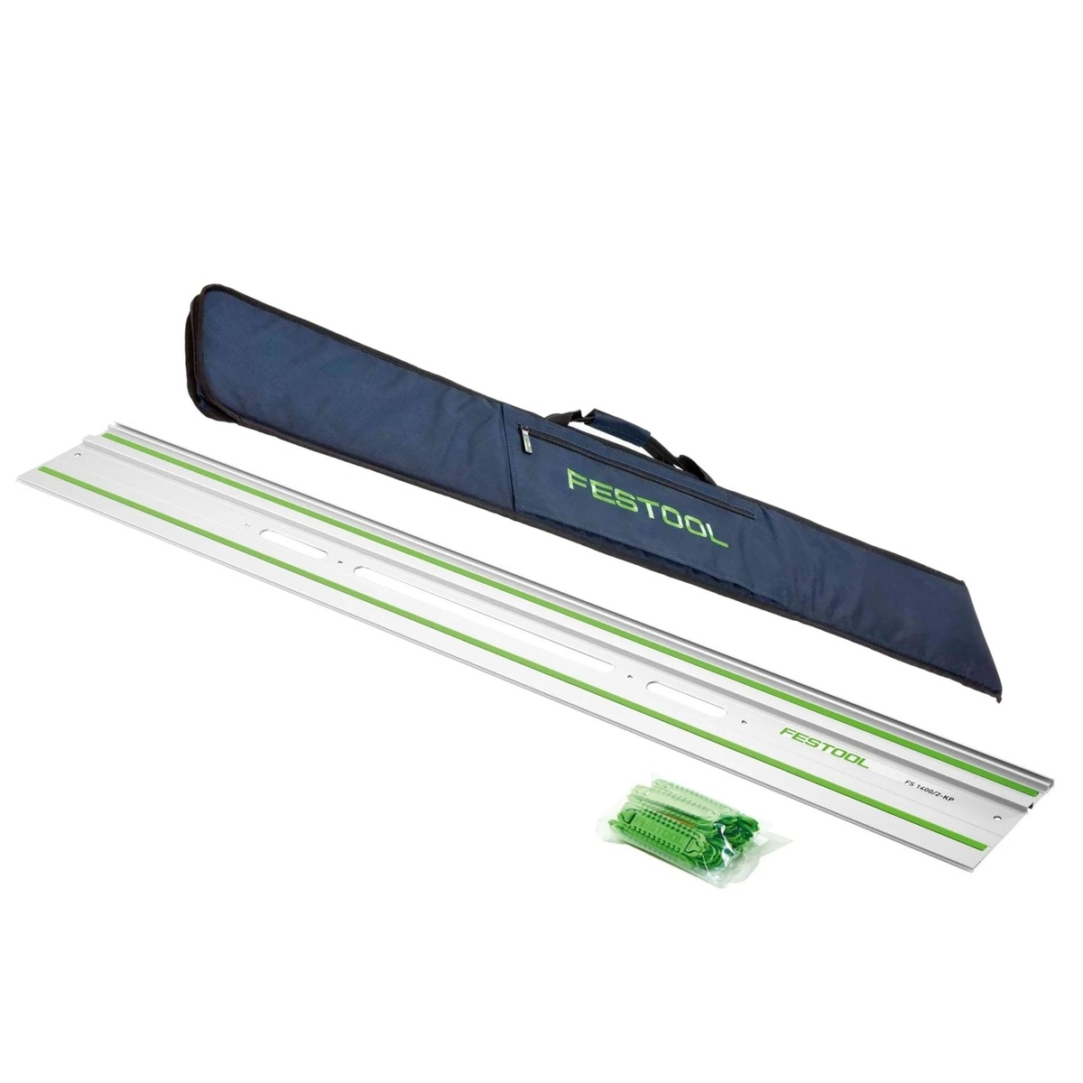 Festool FS 1900/2-KP 75 in. Guide Rail with Bag shown with the 75 inch guide rail, transport bag, and adhesive pads for precision cutting on work surfaces and jobsite transport