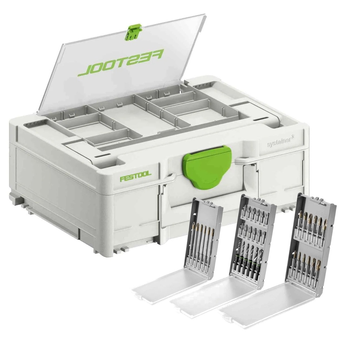 Festool SYS3 DF M 137 Attic Lid Systainer with 36-Piece Drill/Driver Bit Set shown open with organized compartments and three bit cassettes for drilling and fastening on installation and workshop jobs