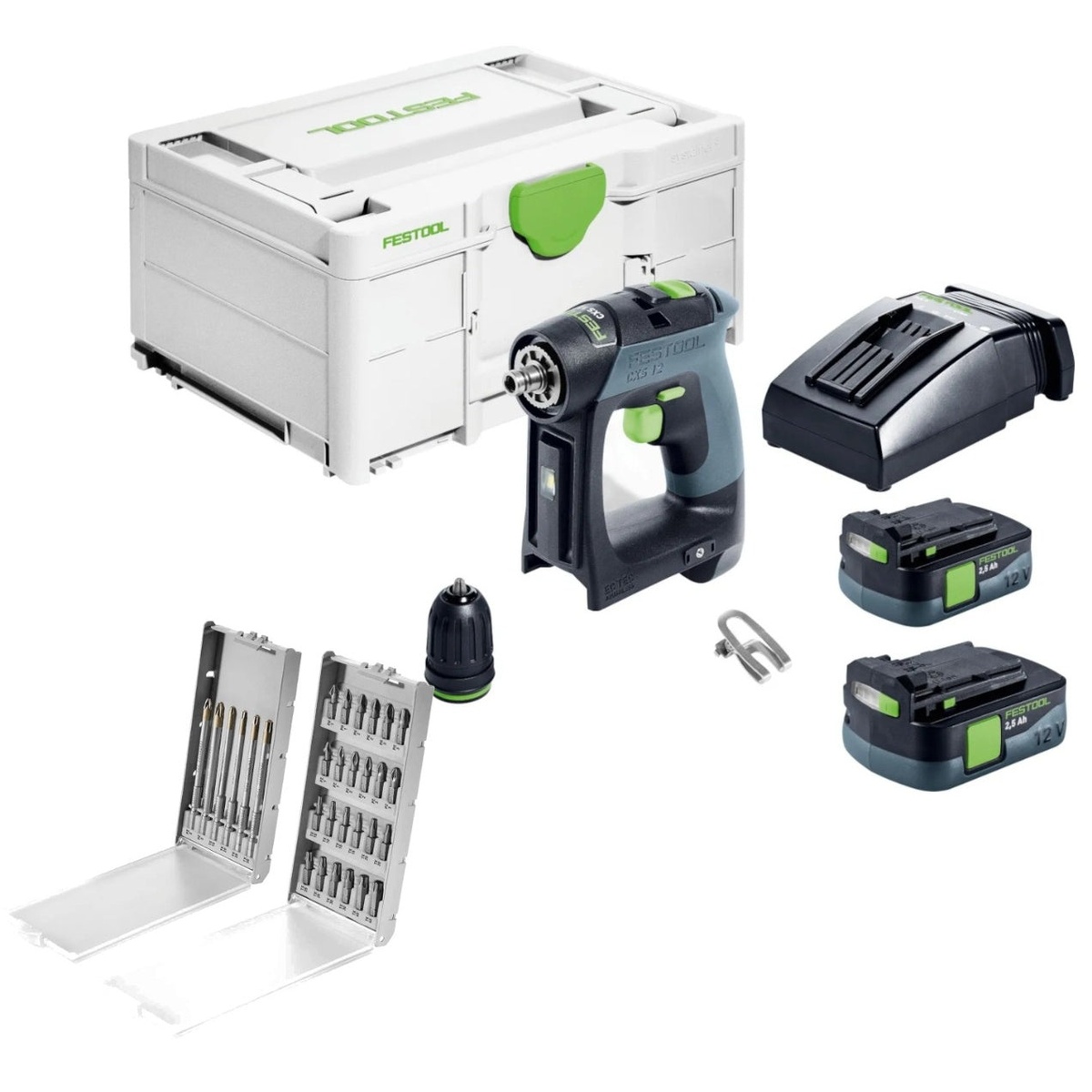 Festool CXS 12 2,5-Plus Cordless Drill with 30-Piece Drill/Driver Bit Set shown with Systainer, charger, batteries, chuck, and bit sets for compact drilling and fastening in shop and installation work